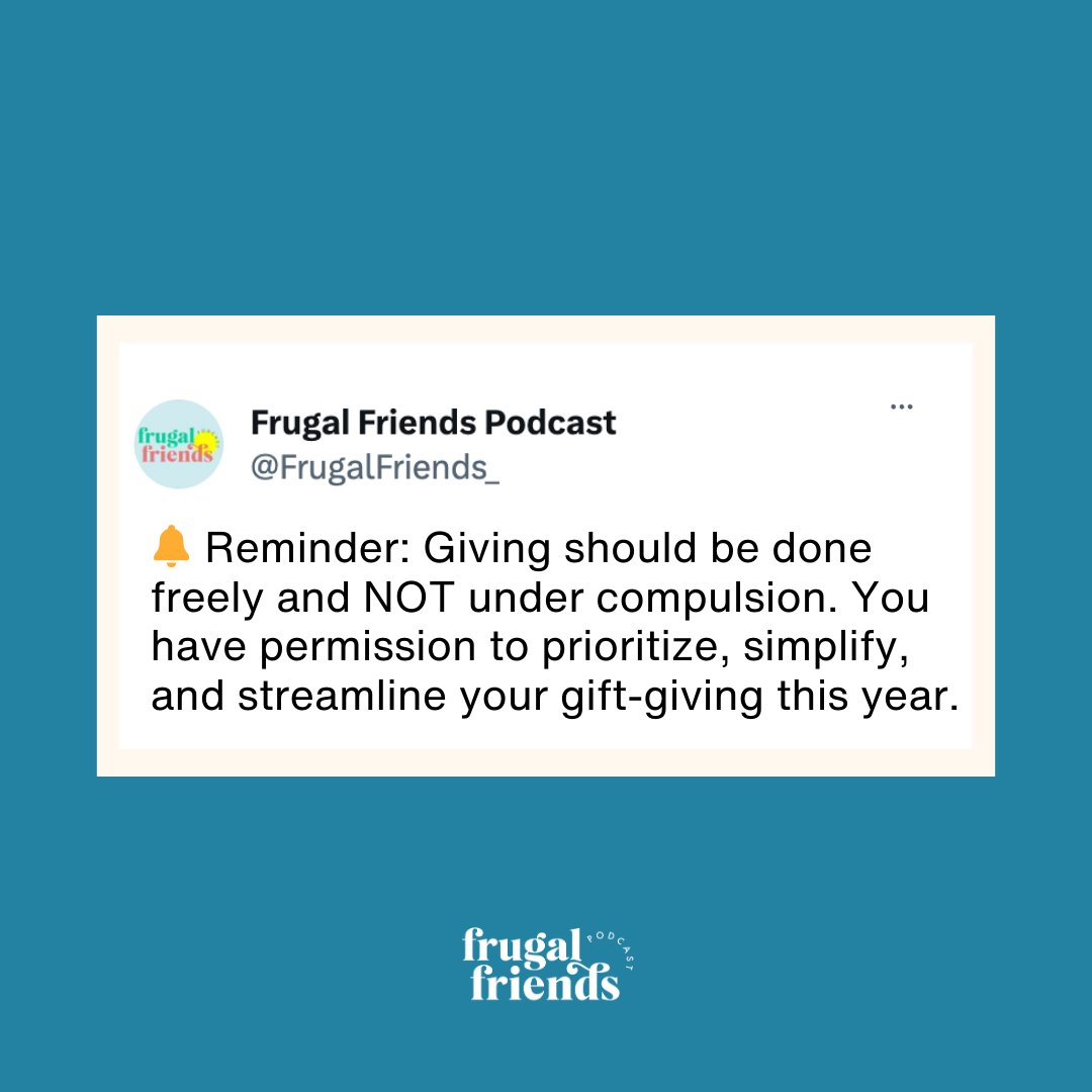 FrugalFriends_'s tweet photo. 🗣️REPEAT AFTER US🗣️

You have PERMISSION to 𝐩𝐫𝐢𝐨𝐫𝐢𝐭𝐢𝐳𝐞, 𝐬𝐢𝐦𝐩𝐥𝐢𝐟𝐲, 𝐚𝐧𝐝 𝐬𝐭𝐫𝐞𝐚𝐦𝐥𝐢𝐧𝐞 your gift-giving this year.

Pass it on. https://t.co/SLZWIRH7hh