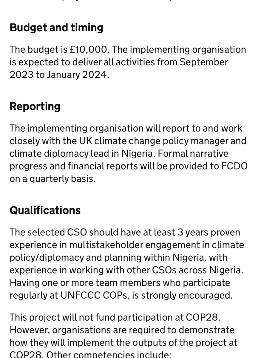 woye1's tweet photo. Thank you @mobilisingniger for reminding me this information. 

2:  when govt or embassy or OPS advertised, Una no dey read ba. Even your so called influencers will never share job applications. 

3:  27 July 2023, UK in Nigeria requested interested Nigerians to bid for a COP 28 sponsorship oo. 

4:   The budget is £10,000

5:  Una apply? No. Those who applied and approved were part of Nigeria’s delegates. 

6:  Focus on what will benefit you as per jobs and biz oooo.  don’t allow studio gossip people be misleading you.