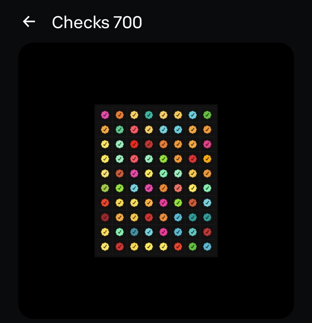 1nft a month challenge goes to checks with everyone trying to secure a certain Gradient,Checks or Color Band i had to secure a number with so many being burnt what number will stand the test of time 
This may or may not be notable "welcome Checks 700" @jackbutcher@visualizevalue