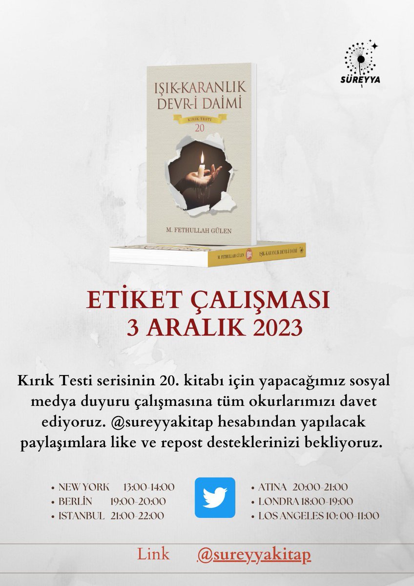 Bugün #KırıkTesti20 için Süreyya Kitap hesabından yapılacak paylaşımlara like ve repost desteklerinizi bekliyoruz. 🙏

#süreyyakitap #fethullahgülen