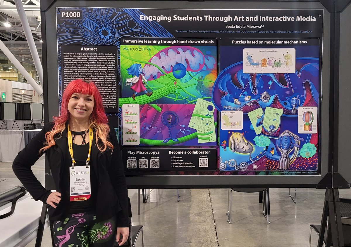 Presenting my #CellBio2023 poster today at 12:15 on how our video game #Microscopya combines molecular mechanisms with visual metaphors to create puzzles that communicate science in intuitive ways! Currently looking for collaborators, so please stop by! #SciArt #SciCom #IndieDev
