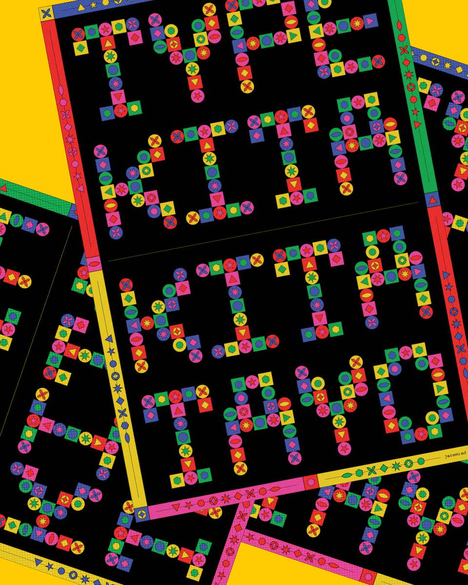 jeremyablaza's tweet photo. Here's my art submission for #TypeFairPH 2023! ✨

I made a custom decorative typework that is as festive as a Filipino fiesta. Each letter is comprised of many shapes &amp; colors, and these elements somehow remind me of sugar candies &amp; friendship bracelets; of childhood &amp; play. https://t.co/DK6M1gFVKM