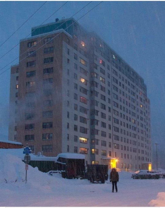 The town of Whittier, Alaska, is known for having nearly the entire population living in a single apartment building. The building is called Begich Towers, a 14-story apartment complex that houses about 90% of the town's residents (total: 272). This has earned Whittier the