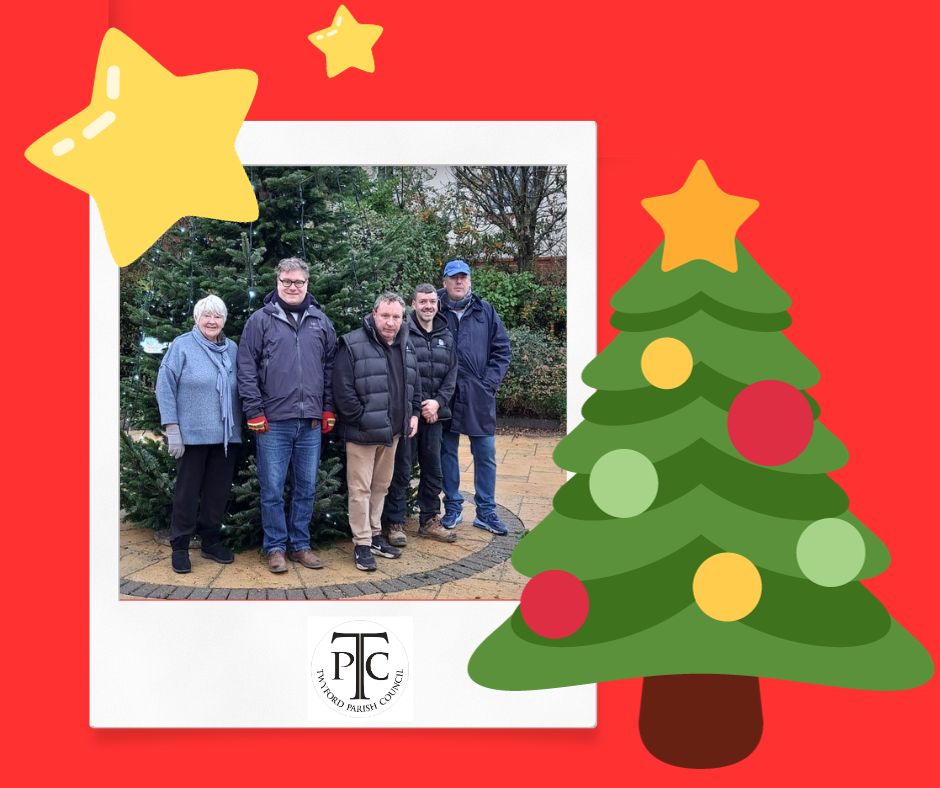This morning Councillors Martijn Andrea, Malcolm Bray &amp; Bridget Ditcham decorated the Christmas Tree at  Jubilee Corner with the help of Treetop Landscapes and David Chambers.  Both village trees will be lit up tonight at the official light switch on at Bell Corner from 5:30pm.