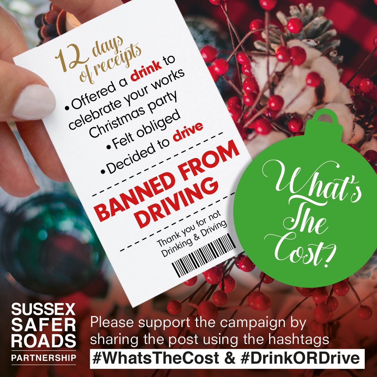 #WhatsTheCost | #DrinkORDrive ❌ DRINK & DRUG DRIVING DESTROYS LIVES. ❌ It is one of the most common causes of collisions, which result in death or serious injury. Make sure you find a safe & legal way home. #SSRP | #SaferRoads | #RoadSafety | #Sussex | #OpLimit