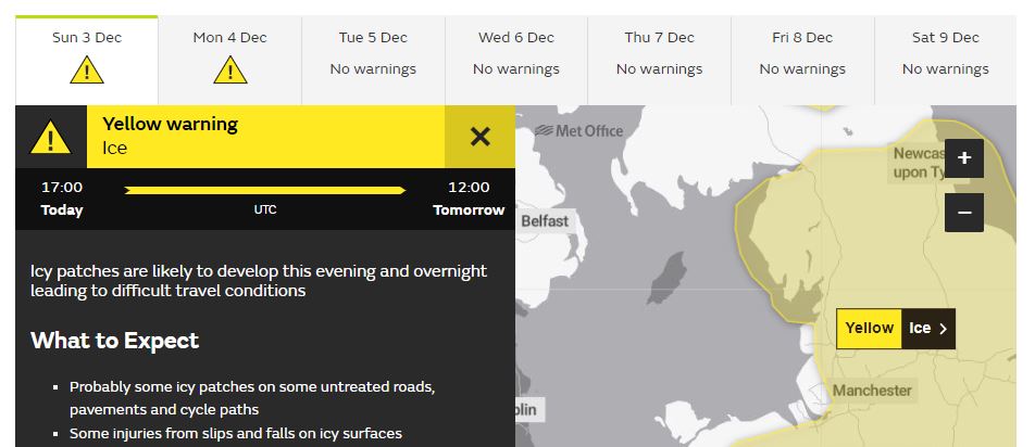 A yellow weather warning is in place for ice from 5pm today into tomorrow across Cumbria. 

We have seen challenging road conditions across the county due to heavy snowfall &amp; ask motorists to travel only if necessary &amp; ask people not to visit the county today if not necessary