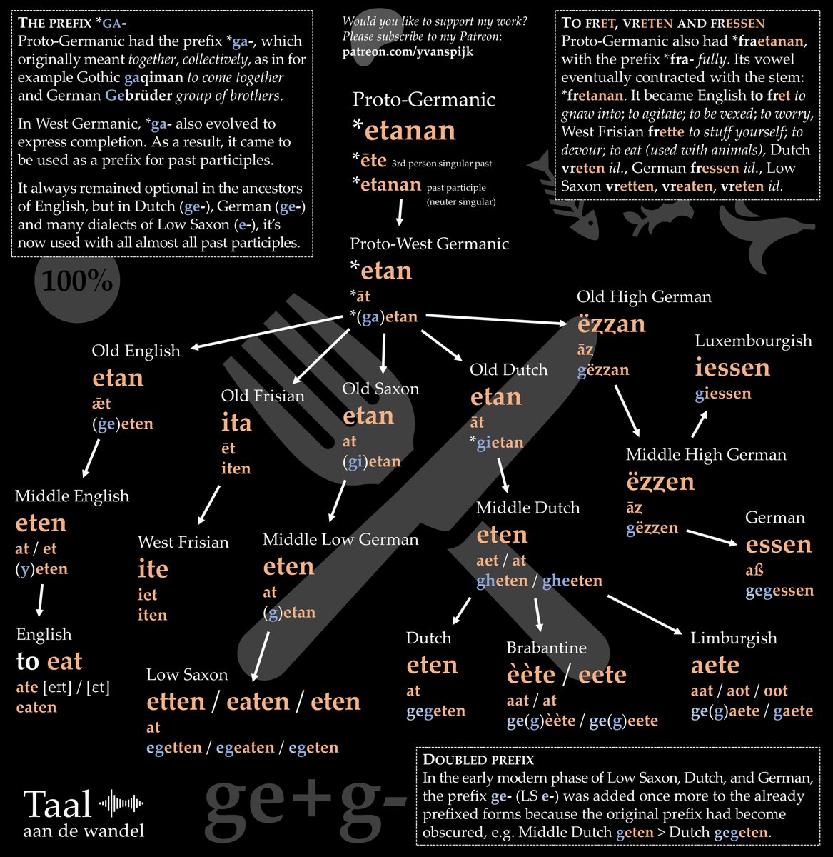 German 'gegessen' and Dutch 'gegeten', meaning 'eaten', are quite peculiar. German and Dutch past participles normally get the prefix 'ge-', but these words contain a doubled form. As 'ge-' had been obscured in earlier 'gessen' and 'geten', it was added once more. Here's more: