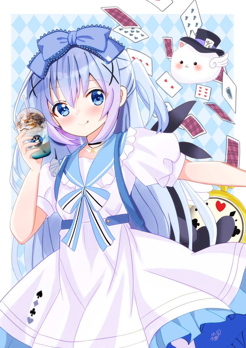 kafuu chino ,tippy (gochiusa) 1girl blue eyes long hair dress bow playing card blue hair  illustration images
