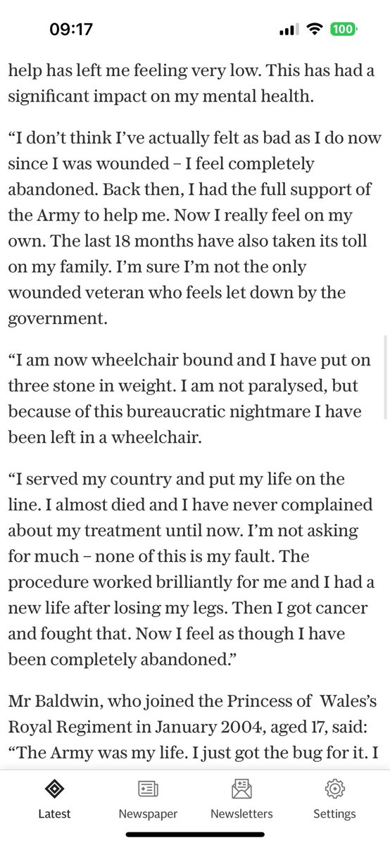 I am aware the link to the article in the Telegraph needs a subscription.

Charities and <a href="/JohnnyMercerUK/">Johnny Mercer</a> are on my side. This was a decision made by <a href="/NHSEngland/">NHS England</a> not the charities or government. Veterans are not treated inline with what’s is portrayed