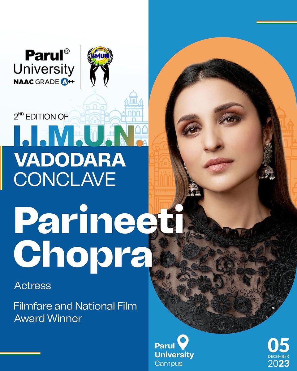 Beauty meets brilliance as we welcome @ParineetiChopra as the guest on the stage of 2nd edition of the I.I.M.U.N. Vadodara Conclave! 💫 Parineeti Chopra is a distinguished actress who has made her name in the space of bollywood with her tremendous acting skills. Recipient of…