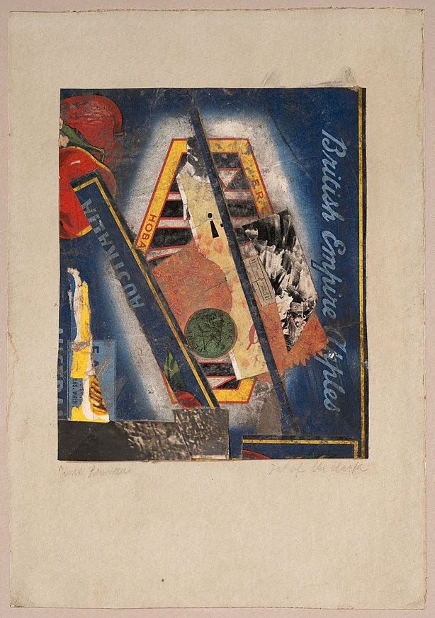 Kurt Schwitters
Out of the Dark
1943

23.0 x 19.0 cm

presumably made at 39 Westmoreland Road in Barnes,  somehow this lovely collage has ended up in the vaults of the Art Gallery of New South Wales in Australia. It's not currently on display.