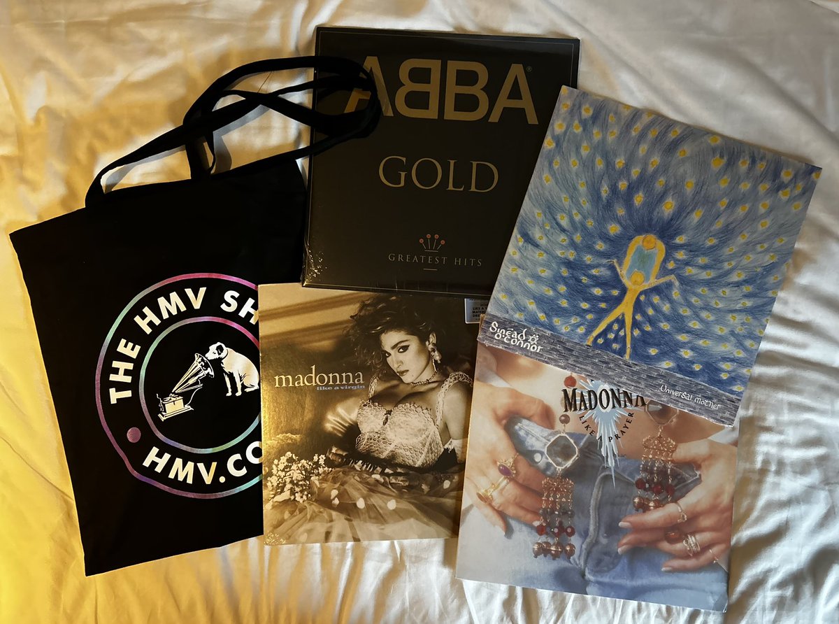BootedGay71's tweet photo. Today’s vinyl purchases from the original building on Oxford Streep were @hmvtweets first opened in 1921 #ABBA #Gold #SineadOConnor #UniversalMother #Madonna #LikeAVirgin #LikeAPrayer https://t.co/SkNeK0FAKI