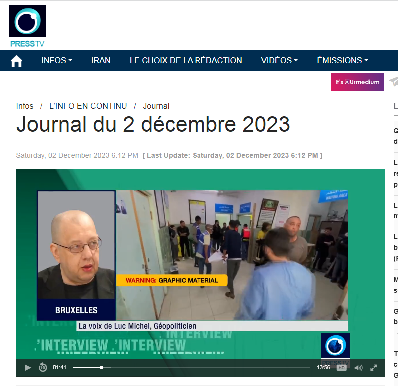 LucMichelPCN's tweet photo. # LUC MICHEL SUR PRESSTV DANS LE JOURNAL DU 02 12 2023 :

Voici le sommaire de l’actualité internationale de ce samedi 2 décembre 2023:

- Le bilan des martyrs Palestiniens s’alourdit à 250 depuis la fin du cessez-le-feu

* La vidéo sur :
https://t.co/HjBAFqIRE5 https://t.co/Wn0OhEUB4p