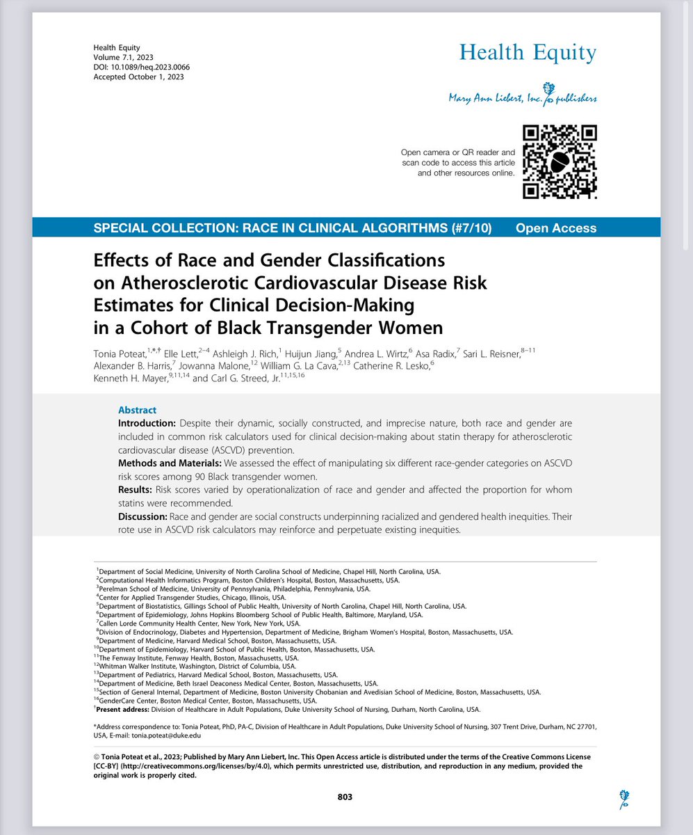 New paper led by @ToniaPoteat, @cjstreed @w_la_cava @AsaRadix @jo_wanna21 . A simple investigation that shows how imprecise clinical algorithms can be, particularly for groups not routinely captured or considered in construction of tools. liebertpub.com/doi/10.1089/he…