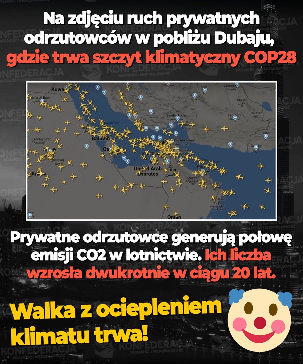 Szczyt klimatyczny COP28 w pigułce:
❌ Setki prywatnych odrzutowców, aby dyskutować o ograniczeniu latania
❌ Dalsze ograniczenia wolności i własności dla obywateli dla "ich dobra"
❌ Na walkę z ociepleniem klimatu mamy z podatków wydawać już BILIONY, bo MILIARDY to za mało

🤡
