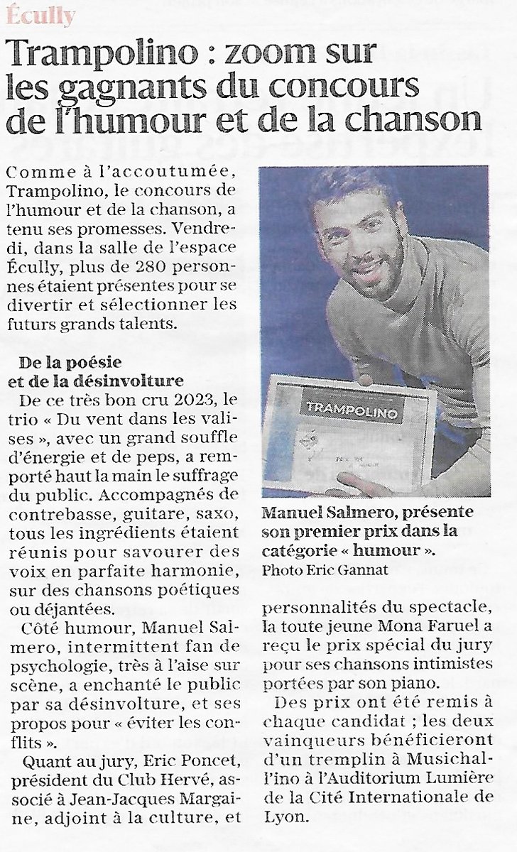 𝗧𝗥𝗔𝗠𝗣𝗢𝗟𝗜𝗡𝗢 𝟮𝟬𝟮𝟯 𝗱𝗮𝗻𝘀 𝗹𝗮 𝗽𝗿𝗲𝘀𝘀𝗲 !
Zoom sur les gagnants du concours de l'humour et de la chanson.
- Prix du public "Musique" : Le Vent dans les Valises
- Prix du public "Humour" : Manuel Humoriste
- Prix du jury "Musique" : Mona Faruel