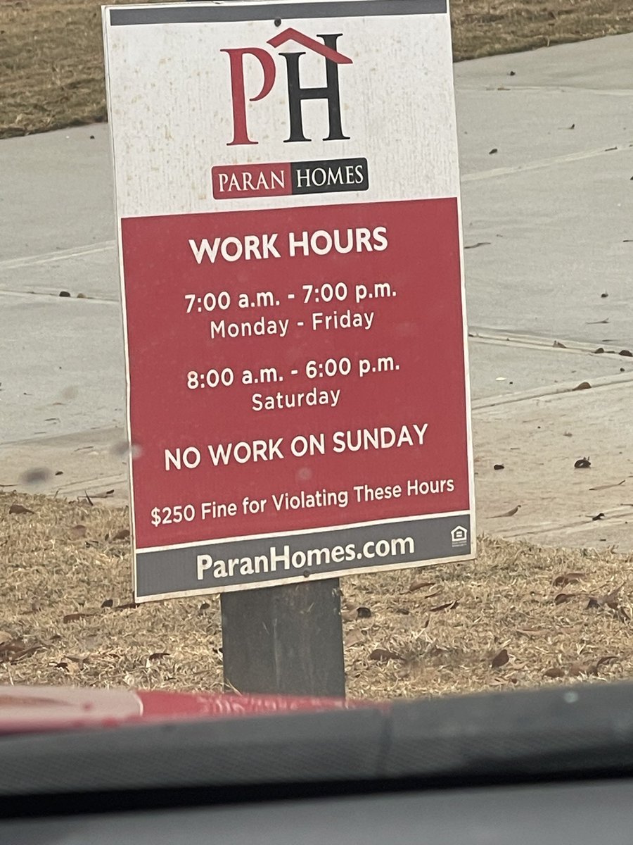 Drjohnathanp's tweet photo. @Paran_Homes what do I need to do or whom do I contact in your offices due to people working on Sunday’s? The sign clearly says no work on Sunday in your McDonough project and workers have been making noise working since 7:30 A.M. this morning! https://t.co/t2haa5BXJX