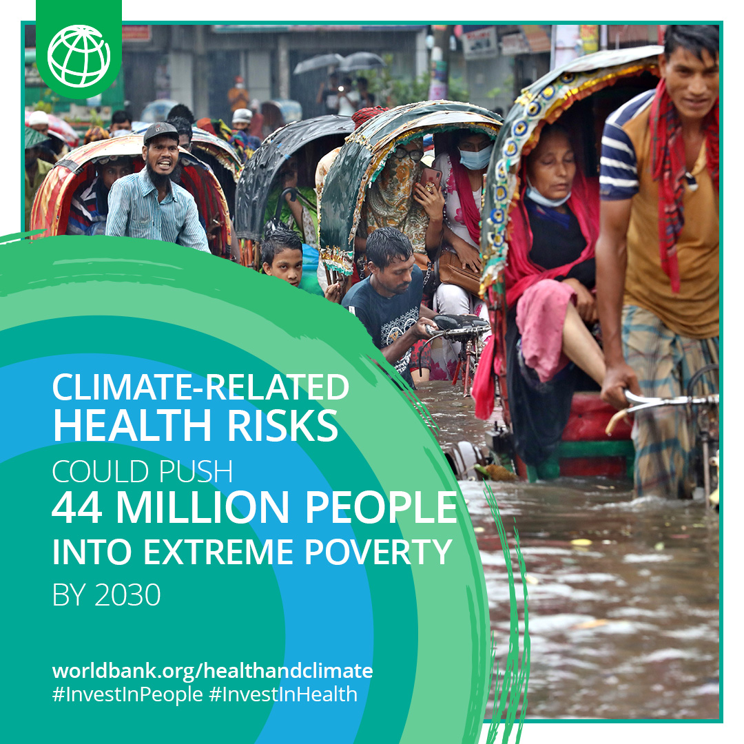 The cost of inaction on climate and people’s health is potentially catastrophic. Climate-related health risks could push 44 million people into extreme poverty by 2030.

Learn more: wrld.bg/6Q3050QeNfY #InvestInHealth #InvestInPeople @WBG_Health