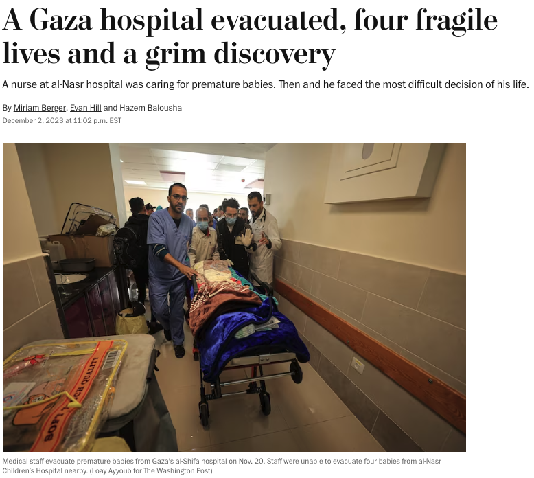 Earlier this week, a journalist in Gaza made one of the war's grimmest discoveries: four dead babies, their bodies decomposing on the beds in Al-Nasr Hospital where they had been left. This is the story of what happened: wapo.st/47GKLm8 [paywall free]