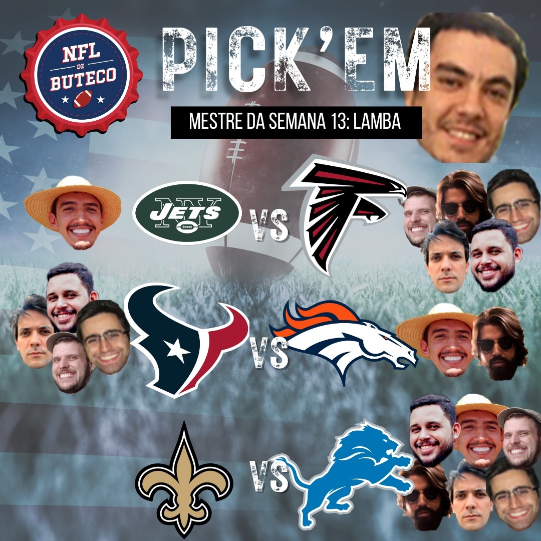 NFLdeButeco's tweet photo. Lamba é o mestre da semana e essas são as apostas do nosso pick'em!

Quais são os palpites de vocês?

#pickem #dixit #nfl #nfldebuteco https://t.co/cpopkUqWRs