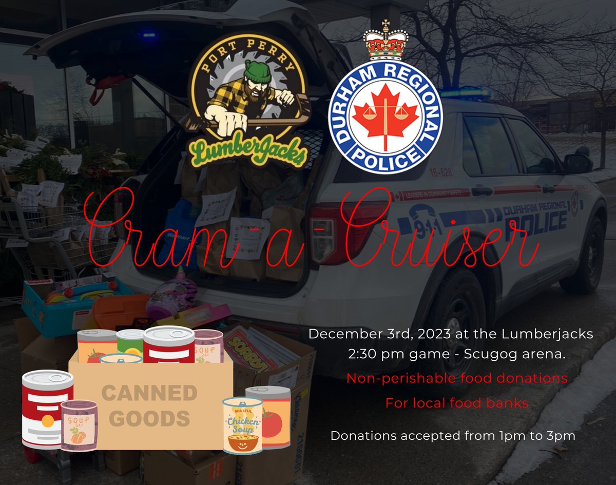 If you are in the Scugog area today, please stop by the Scugog Arena with a non-perishable food item and help us 'Cram-a Cruiser'. Donations will be accepted from 1pm-3pm at Scugog Arena! Let's help those in need this holiday season.