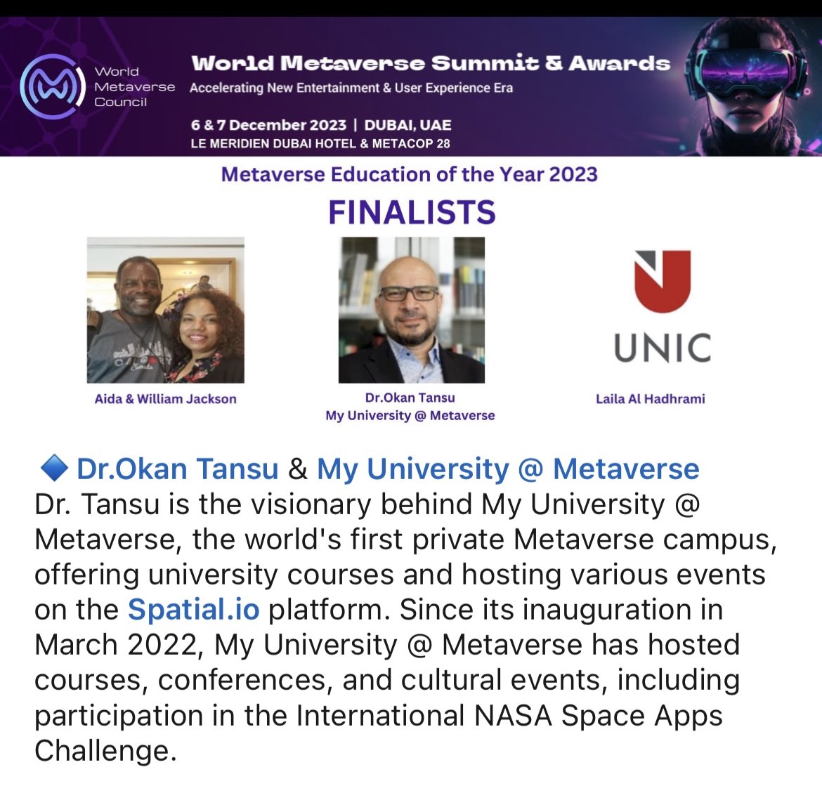 OkanTansu's tweet photo. My University @ Metaverse, that I founded 2 years ago as the world's first ever private university campus is nominated as one finalist at the category of the best Metaverse education platform. No word to describe my pride. #Metaverse #digicrimination https://t.co/hEOnqJfLLK
