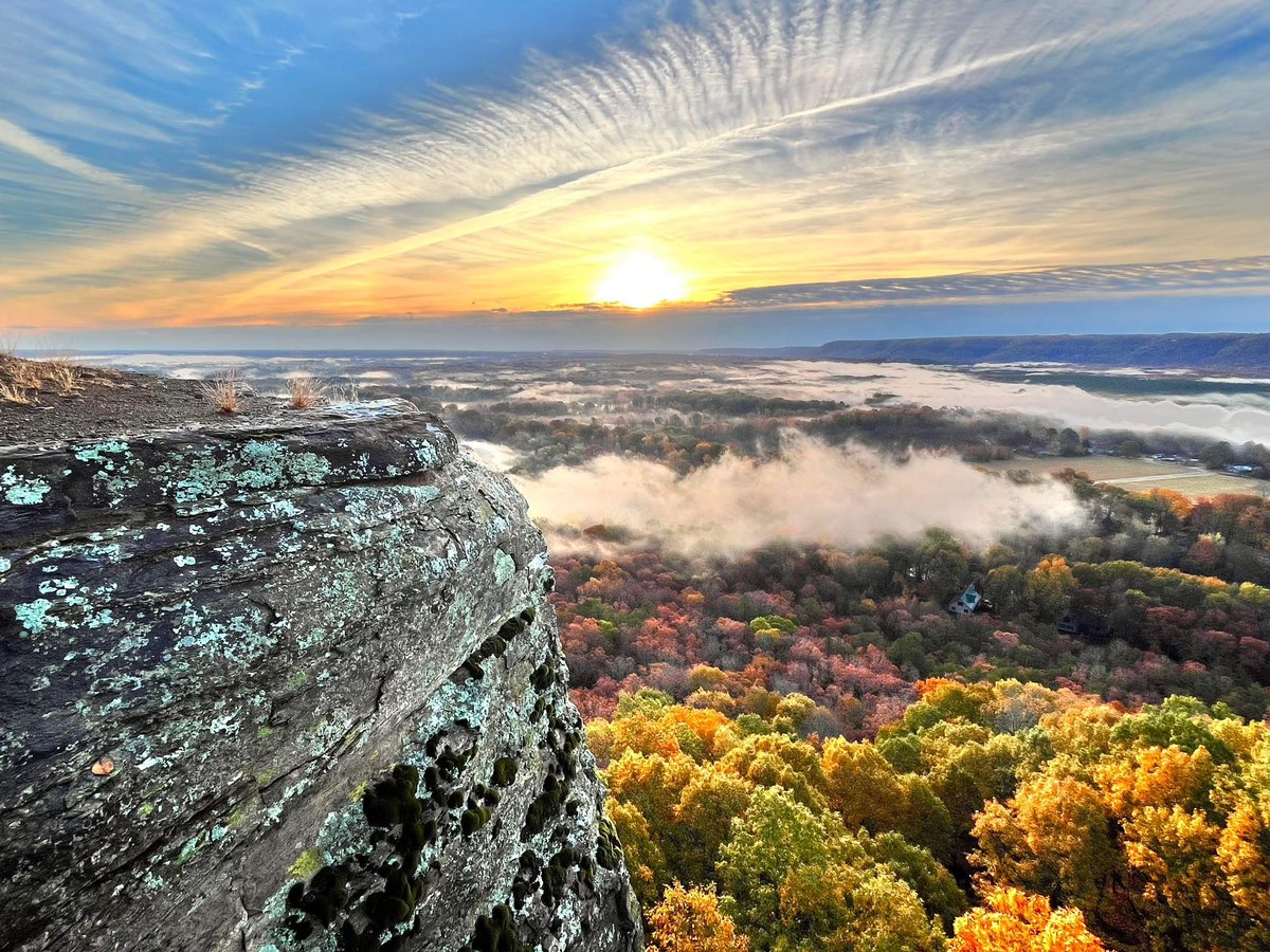 JamesBryantWX's tweet photo. Look at this AMAZING sunrise from Sugarloaf in Heber Springs. I’m told it’s the best sunrise spot in the state, and this photo makes a strong case for it. 

This photo has it all: fog, a great sunrise, fall color, and an amazing view. Wow! 

Photo by Trish Lange. @natwxdesk https://t.co/PFDEZZyJ9q