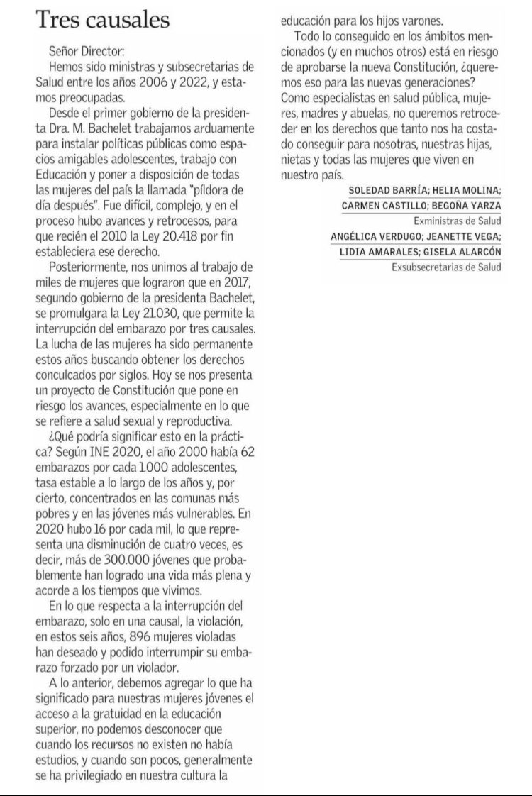 Muy interesante esta carta de ex ministras y subsecretarias de salud. Dan cuenta de lo importante que ha sido regular la píldora del día después y la interrupción del embarazo en 3 causales, en especial en la causal de violación. No pongamos en riesgo las 3 causales.