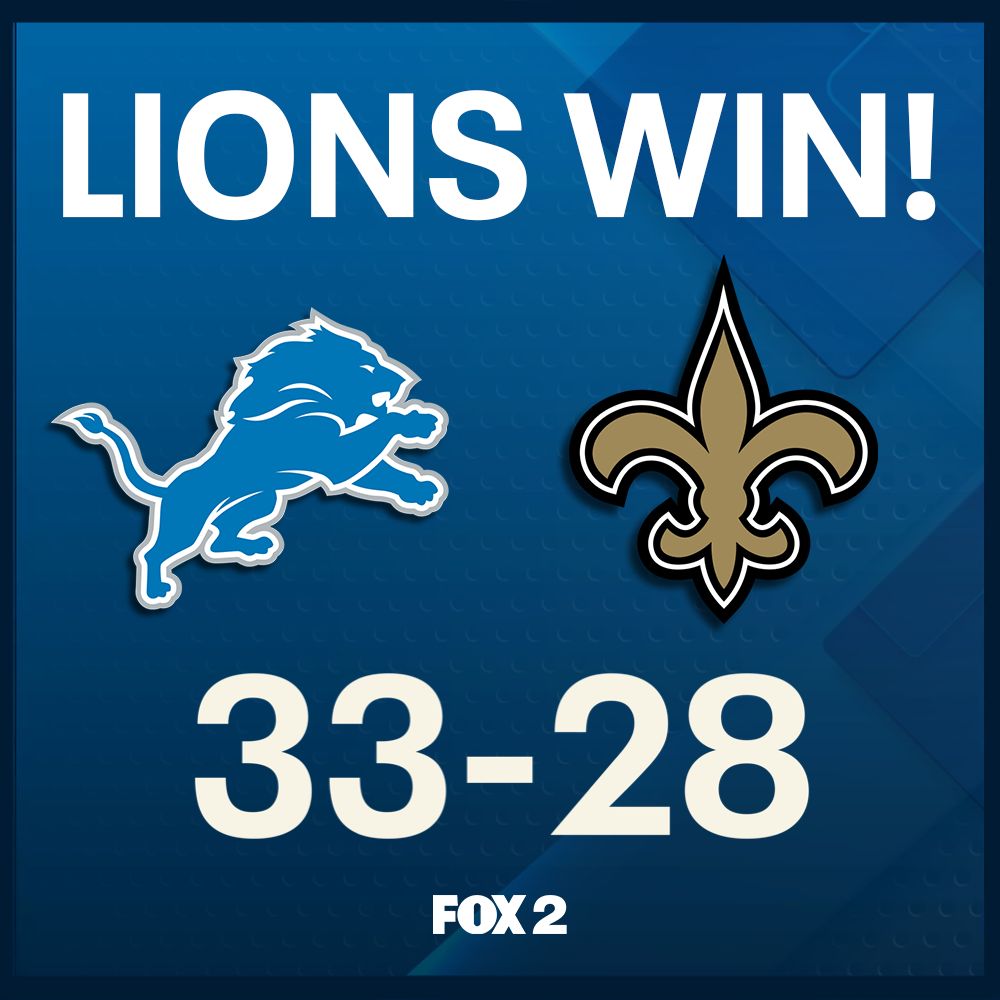 FOX2News's tweet photo. LIONS WIN! The Detroit Lions defeat the New Orleans Saints 33-28.

#lions #detroitlions #onepride #detroit @Lions https://t.co/T7YkoGugXX
