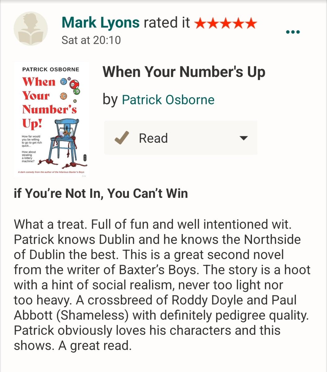 P_OsborneAuthor's tweet photo. A fantastic 5 star review for my latest novel. Authors never take them for granted but we're always delighted to receive them. 
#IrishWit
#DublinComedy
#Heist
#Lottery 
#Lotto https://t.co/sqDaPYW5hK