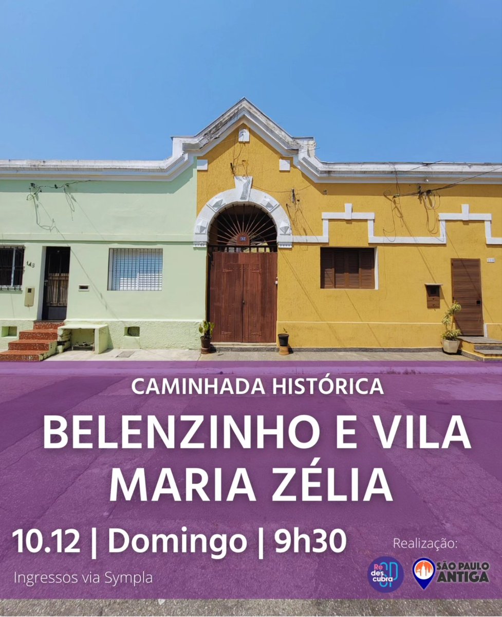 No próximo domingo, dia 10/12 teremos mais um passeio em parceria com o <a href="/SaoPauloAntiga/">São Paulo Antiga</a>, e dessa vez é pelo bairro do Belenzinho, com direito a conhecer a Vila Maria Zélia e a sede do São Paulo Antiga! 
Saiba como participar:
sympla.com.br/evento/caminha…