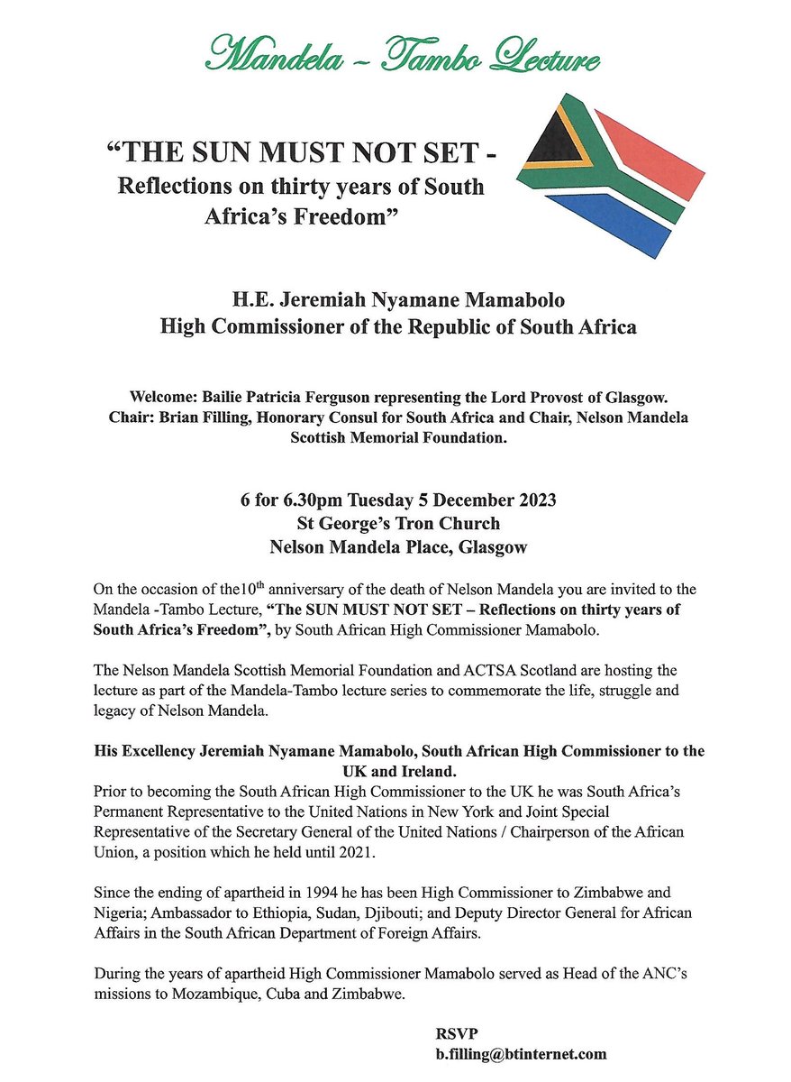 The night after Mandela’s death hundreds gathered in Mandela Place, Glasgow in grief and respect. 10 years on, we gather in St. George’s-Tron Church on 5th Dec. 6.30pm to hear of progress & problems in the free S. Africa he struggled for. Book at info@mandelascottishmemorial.org