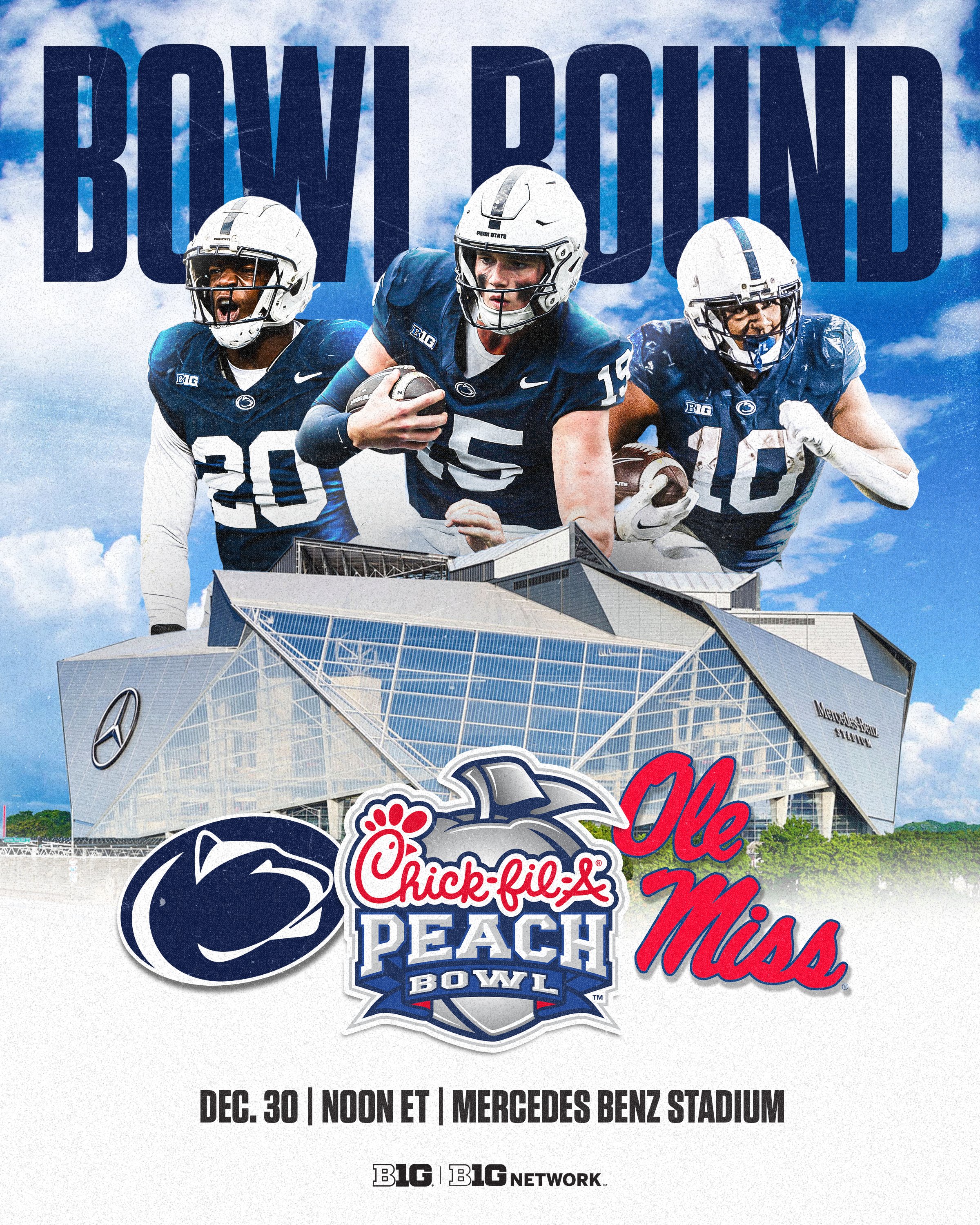 Big Ten Football on X: "PSU ➡️ ATL No. 10 Penn State will face No. 11 Ole  Miss in the Peach Bowl. 🍑 https://t.co/qOg9sE8zE5" / X