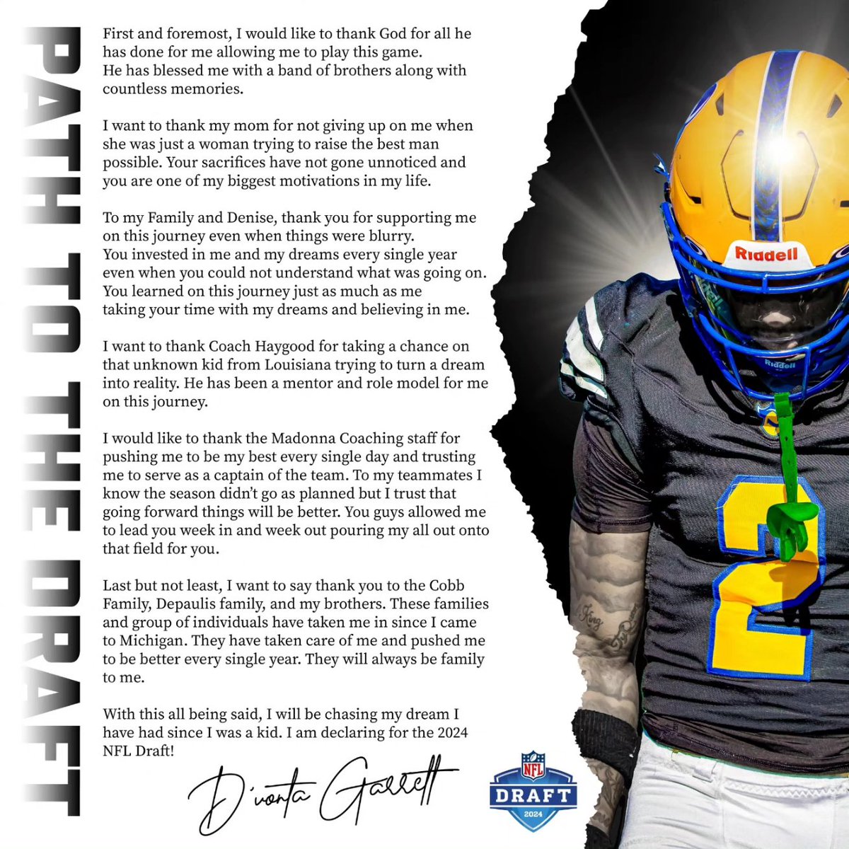 ‼️ D'Vonta Garrett becomes the first Madonna Crusader to declare for the NFL DRAFT ‼️

He holds nearly every offense program record including:
- Total Touchdowns (9)
- All-Purpose Yards (1,369)
- Receiving Yards (1,230)
- Receptions (94)

See you on April 25th @dvonta1 ! 🎉