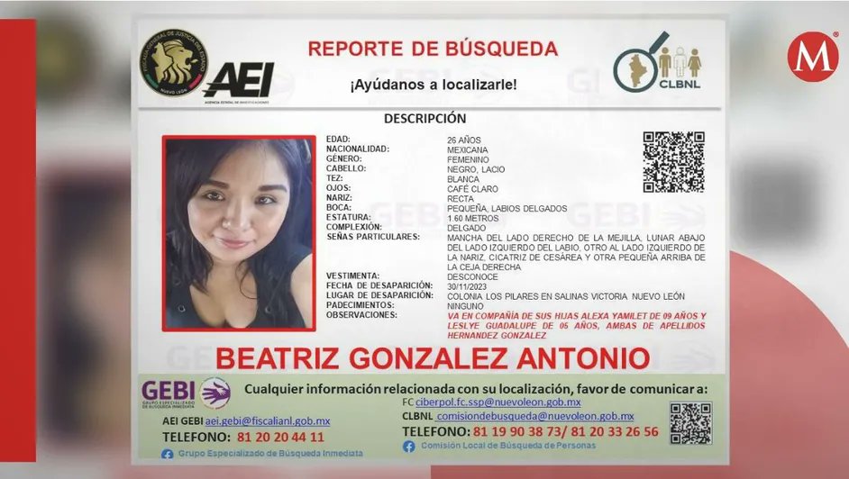 Buscan a madre de familia que desapareció con sus dos hijas en #NuevoLeón

Beatriz González Antonio, de 26 años, fue vista por última vez el 30 de noviembre en la colonia Los Pilares junto a sus dos hijas: Alexa Yamilet y Leslye Guadalupe

mile.io/3uQpHen
