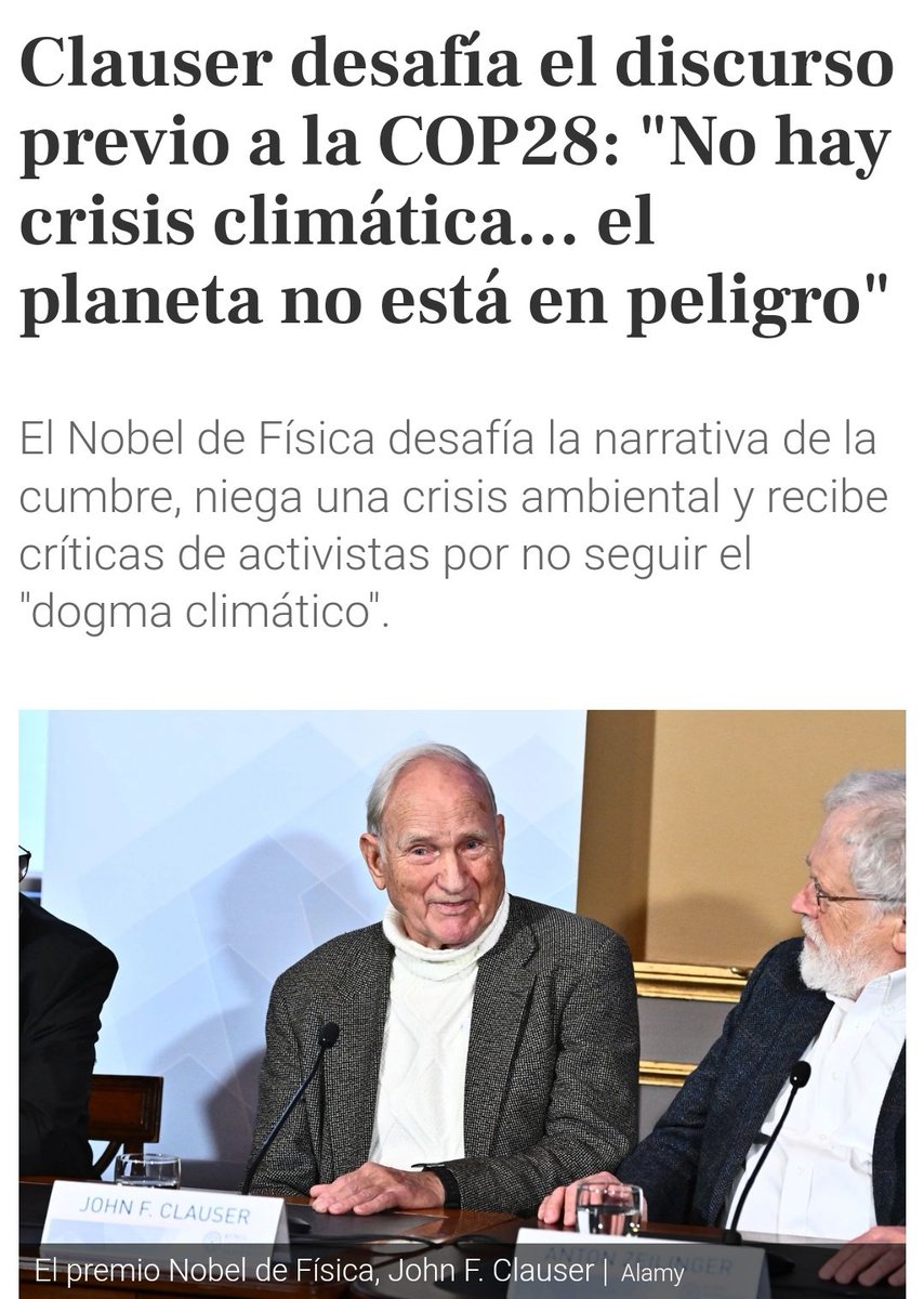 DoctoraPrego's tweet photo. "No hay crisis climática", es hora de reconsiderar la narrativa. 
El Premio Nobel de Física, Dr. John Clauser, desafia la narrativa climática en la COP28.  Expone que no estamos ante una Crisis real sino ante una controversia científica. 🌍 Clauser cuestiona lo establecido y busca un diálogo basado en evidencia #COP28 #CambioClimático
#Clauser #CrisisClimática #PerspectivaCientífica