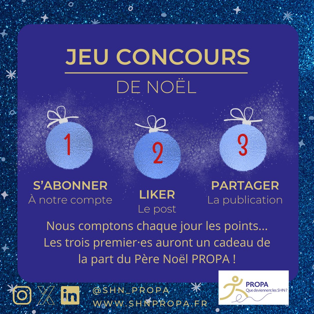 🎅 de PROPA a aussi décidé de vous faire plaisir tout en apprenant sur les SHN français !

Pour gagner :
Donne ta réponse en commentaire à la question posée chaque jour
Abonne toi au compte
Like le contenu
Partage le

Les 3 premiers verront le Père Noel PROPA leur offrir un 🎁