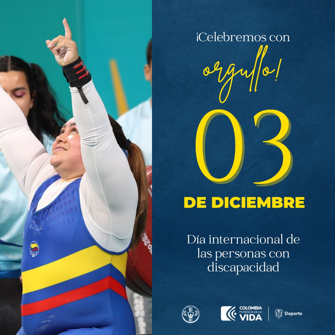 FCParaPowerCol's tweet photo. ¡Feliz 03 de diciembre!💪🏾💛💙❤️

La Federación Colombiana de Para Powerlifting se une a la celebración del Día Internacional de las Personas con Discapacidad. 🫶🏻

#diainternacionaldeladiscapacidad #deporteparalímpico #fcpp #colombia #deportecolombiano https://t.co/Mhwb2alXqH