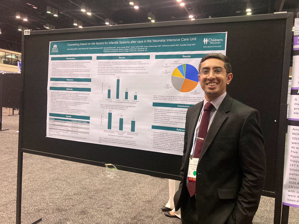 vsampat94's tweet photo. Presenting our poster at #AES2023 titled "Counseling based on risk factors for Infantile Spasms after care in the Neonatal Intensive Care Unit"! Thanks to all who stopped by for the engaging discussion.
@mcw_peds_neuro @AmEpilepsySoc @aquamarienne https://t.co/JdsVDUwjgs