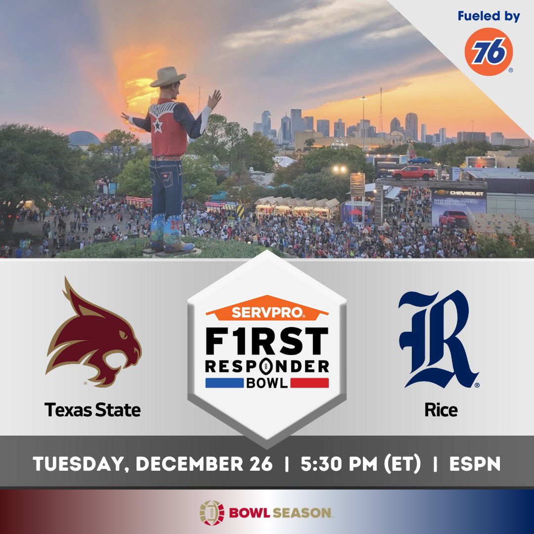 BowlSeason's tweet photo. 🚨IT’S OFFICIAL🚨@TXSTATEFOOTBALL will face @RiceFootball in the @FRBowl 

#BowlSeason #ExplorePage https://t.co/R6HJffiQ12