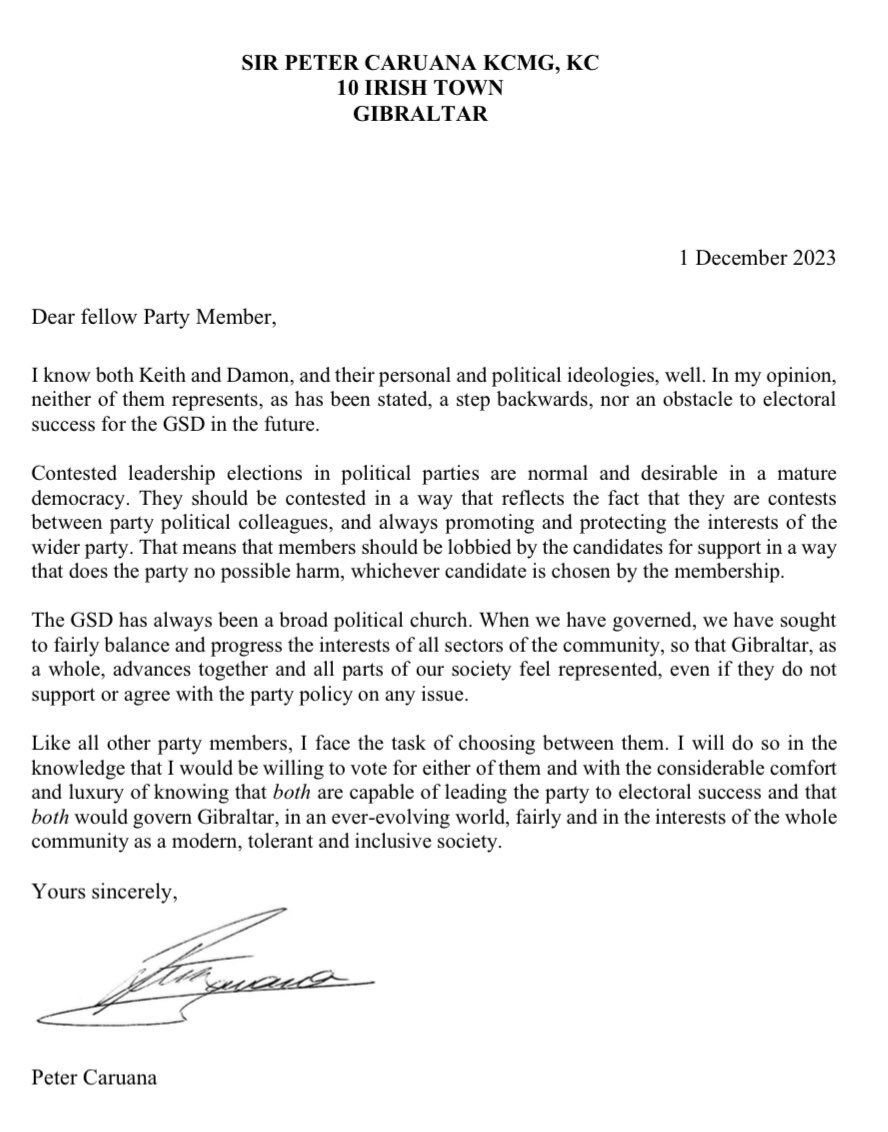 Thought it worthwhile to post Sir Peter’s letter of last Friday which is relevant to THESE elections (not of 53 days ago) in which he expresses confidence in both candidates’ abilities to lead the GSD & Gibraltar
