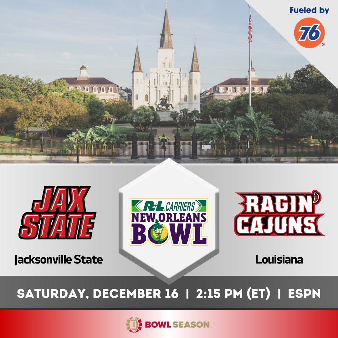 🚨IT’S OFFICIAL🚨<a href="/JaxStateFB/">Jax State Football</a> will face <a href="/RaginCajunsFB/">Louisiana Ragin’ Cajuns® Football</a> in the <a href="/NewOrleansBowl/">R+L Carriers New Orleans Bowl</a> 

#BowlSeason #ExplorePage