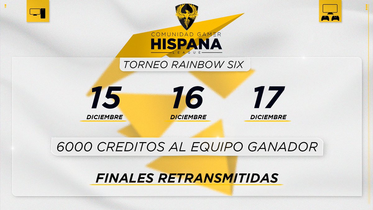 ⚡️CGH League ON⚡️

¡Nuevo torneo para Pc y consola! 
📅 El próximo 15,16 y 17 de diciembre
 🏅6000 créditos para los equipos ganadores
Pc:
acortar.link/oL10EJ
Consola:
acortar.link/6ENd7n
Mas información en 
discord.gg/ew7ppTPK6B

#RainbowSixSiege #CGHLeague 💛🖤
