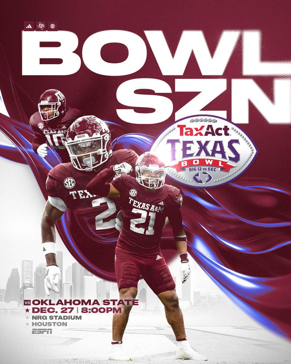 Headed down to H-Town 👍 The Aggies will be making their fourth appearance in the @TexasBowl. 🆚 Oklahoma State 📺 ESPN 📆 Dec. 27 🕗 8 p.m. CT