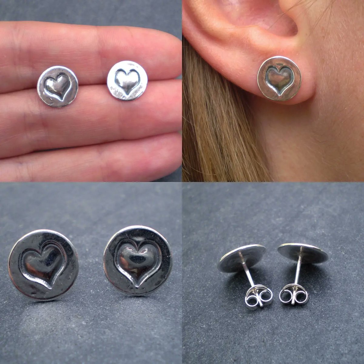 Silver #heart imprint #studs - perfect of everyday wear. Go on, everyone needs a lil heart ❤️ 
#heartstuds #heartearrings #silverhearts #silverstuds #silverearrings #handmadeuk #madeinbritain #Dorset #lymeregis #giftsforher #heartstopper #heart #heart_imprint #heartshaped