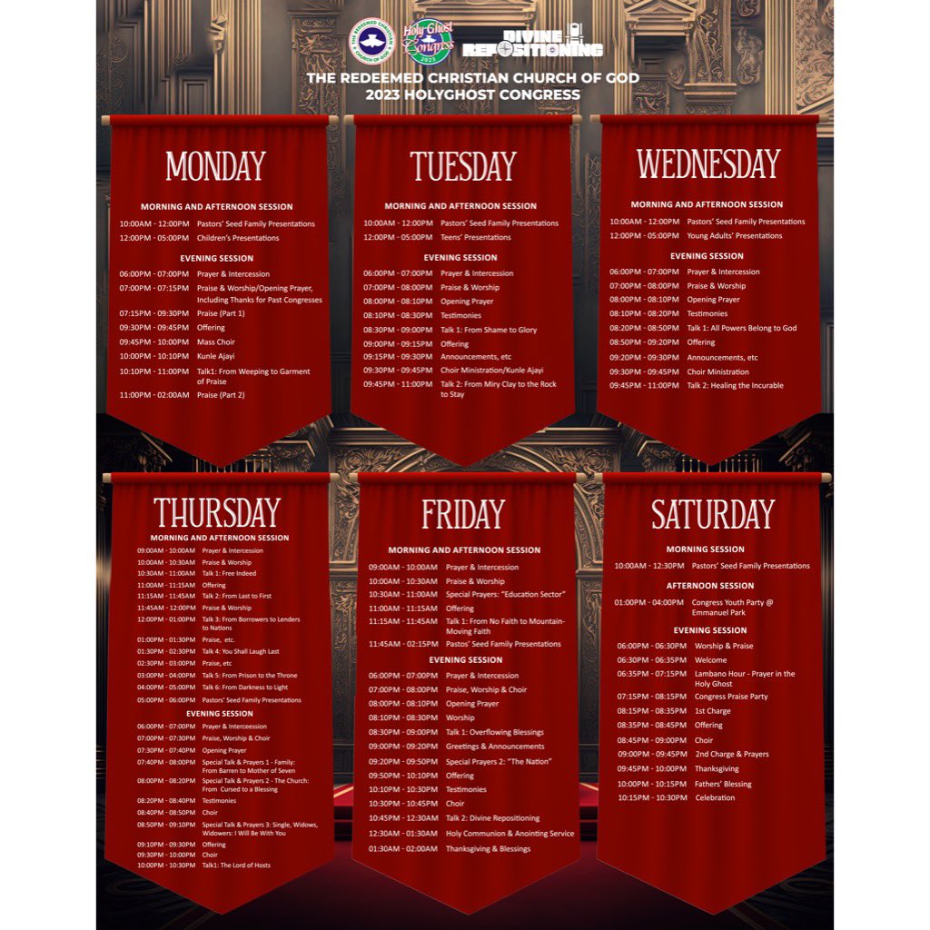 This is a schedule for all the programs that will be happening during the 2023 Annual Holy Ghost Congress.
The programs have been divinely selected by God for you to experience Divine Repositioning in every area of your life.
Get ready for your divine repositioning.

#HGC2023