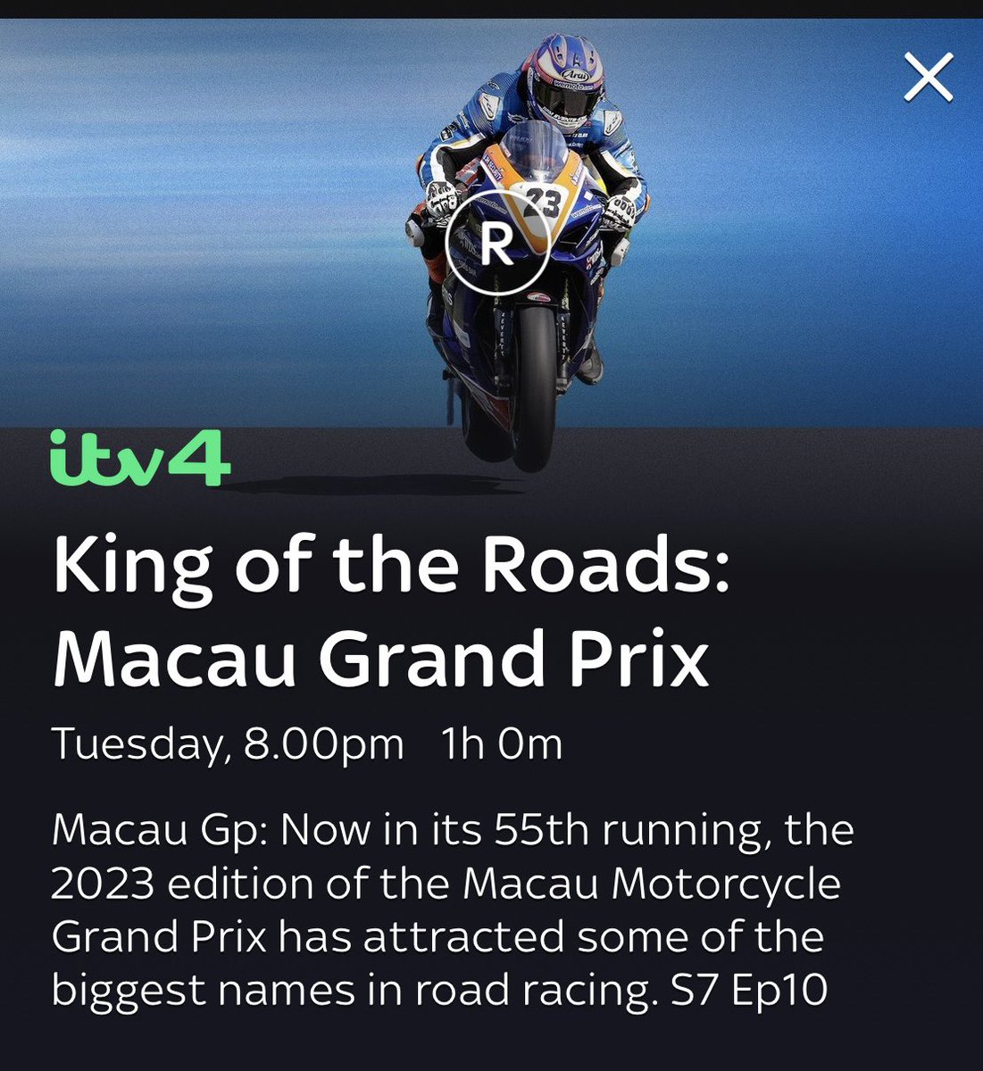 If you missed watching the #MacauGP #Superbike race a few weeks ago it’s being shown in #itv4 on Tuesday 8pm ✊🏻👍