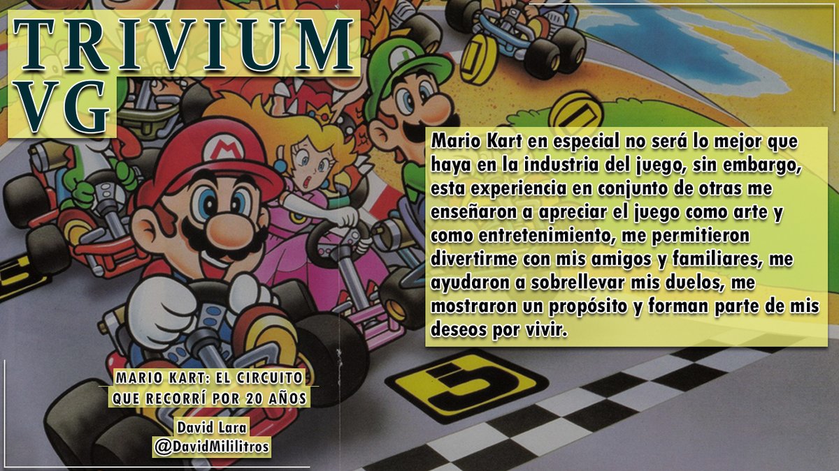 TriviumVG's tweet photo. ¡Nuevo texto en #TriviumVG!

En su nuevo texto, David Lara (@Davidmililitros) escribe sobre Mario Kart, y en el proceso, presenta un texto introspectivo que habla sobre cómo este le enseño a apreciar el videojuego como arte, a generar lazos y a sobrellevar malestares

Link abajo! https://t.co/PisyI0dWNq