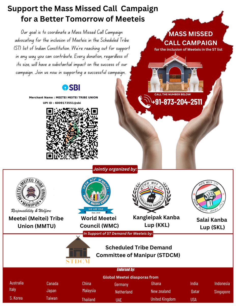 BikramjitMK's tweet photo. 🚨𝐌𝐚𝐬𝐬 𝐌𝐢𝐬𝐬𝐞𝐝 𝐂𝐚𝐥𝐥📱 𝐂𝐚𝐦𝐩𝐚𝐢𝐠𝐧 𝐟𝐨𝐫 𝐢𝐧𝐜𝐥𝐮𝐬𝐢𝐨𝐧 𝐨𝐟 𝐌𝐞𝐞𝐭𝐞𝐢𝐬 𝐢𝐧 𝐒𝐓 𝐥𝐢𝐬𝐭❗️

     “𝟑, 𝟐𝟗, 𝟏𝟑𝟑 𝐌𝐢𝐬𝐬𝐞𝐝 𝐂𝐚𝐥𝐥𝐬 
𝐚𝐬 𝐨𝐟 𝟑𝐫𝐝 𝐃𝐞𝐜𝐞𝐦𝐛𝐞𝐫, 𝟖.𝟓𝟎 𝐩𝐦”

       𝘾𝙖𝙡𝙡 𝙣𝙤𝙬   📱𝟖𝟕𝟑-𝟐𝟎𝟒-𝟐𝟓𝟏𝟏 
              𝙞𝙛 𝙣𝙤𝙩 𝙙���𝙣𝙚 𝙖𝙡𝙧𝙚𝙖𝙙𝙮❗️
        
Please support Mass Missed Call Campaign for the inclusion of Meeteis in the Scheduled Tribe (ST) list under the constitution of India.🙏

No need to provide your name, address or Aadhaar number after the missed call. 

#Meitei4ST #IncludeMeiteiInSTList #ST4Meitei #ST4Meetei