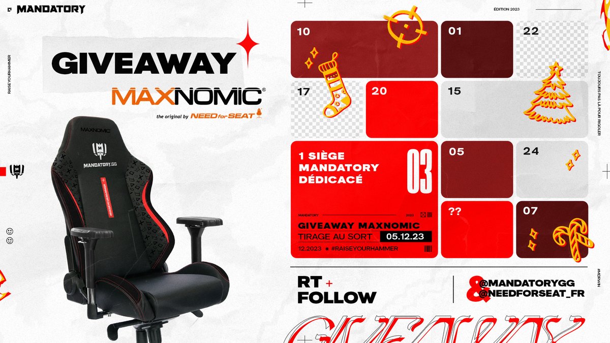 On débute nos concours de Noël avec du lourd : l'un des derniers sièges MAXNOMIC x MDR dédicacé par l'équipe VALORANT ! 🤯 Pour participer : 🔄 RT ce tweet 👤 Follow @NEEDforSEAT_FR et @MandatoryGG 📆 TAS le 7/12